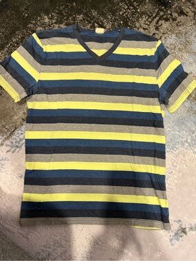 Hollister Men's V-Neck Stripe Tee in Navy, Yellow & Gray